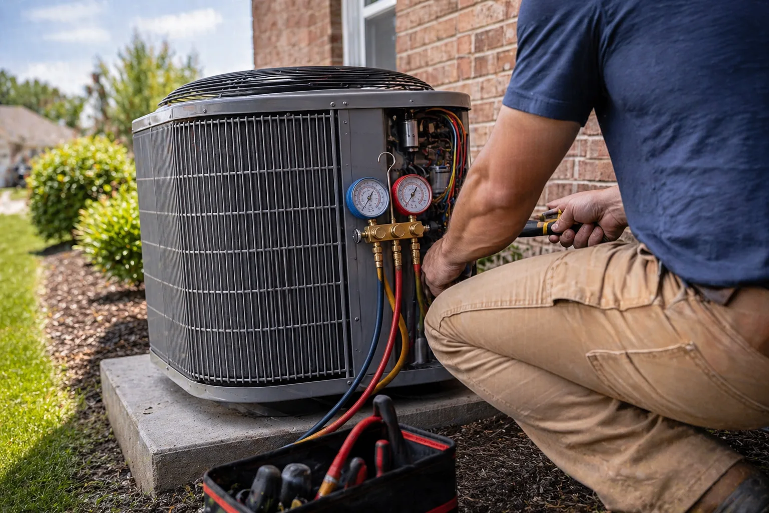 Outdoor AC condenser unit beside a residential home in Fremont, CA