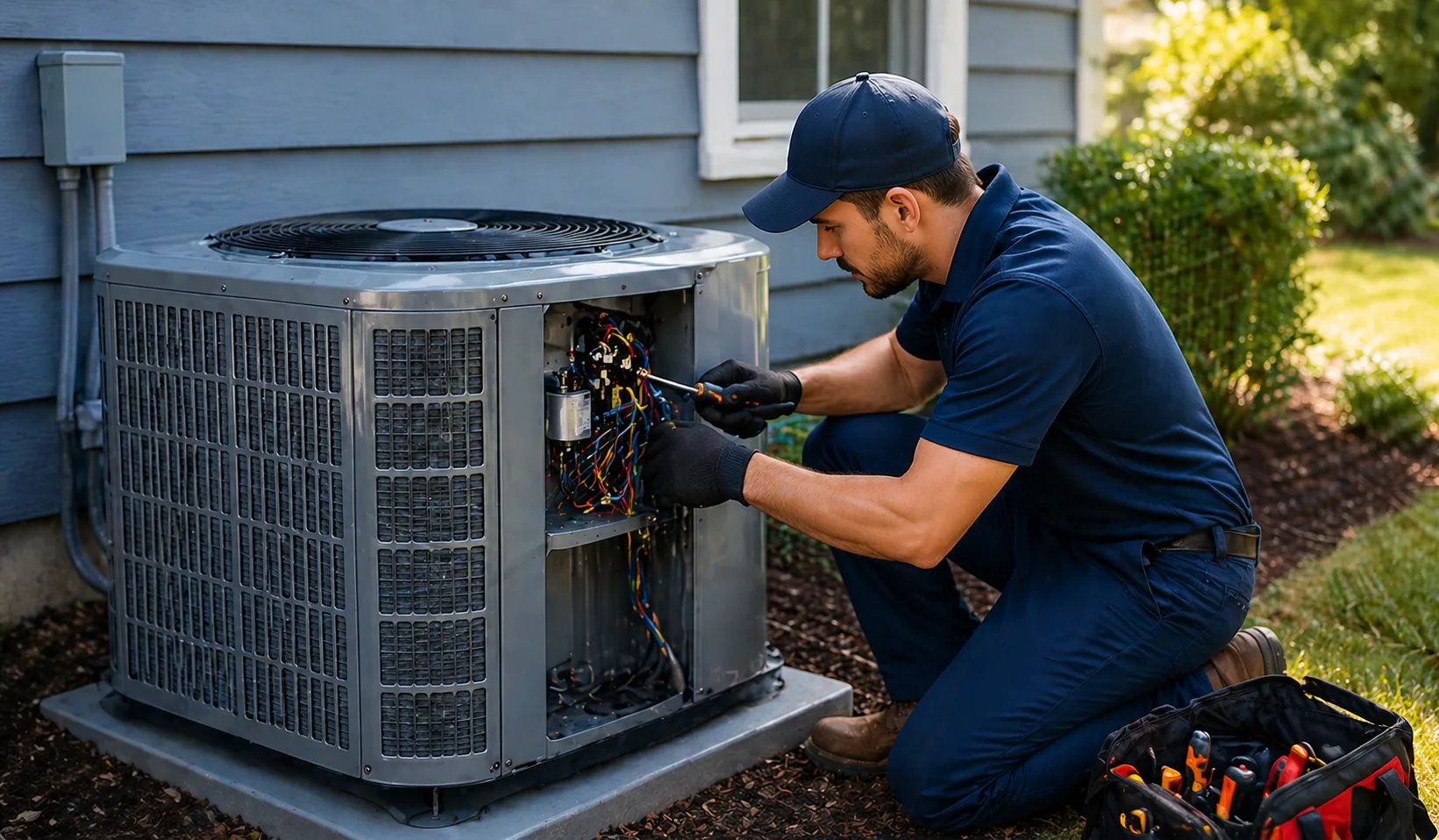 Fremont HVAC technician inspecting a residential AC condenser with diagnostic tools